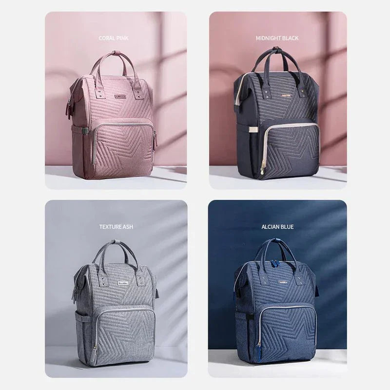 Four stylish backpacks in coral pink, midnight black, texture ash, and alcian blue colors.