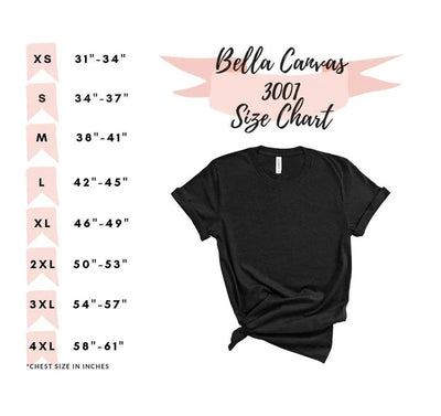 Bella Canvas 3001 size chart with chest measurements and black t-shirt on white background