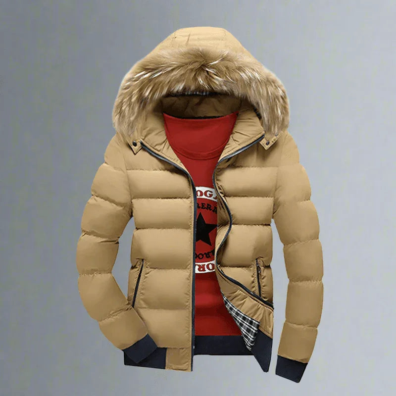 Beige puffer jacket with fur hood over red graphic t-shirt on gray background