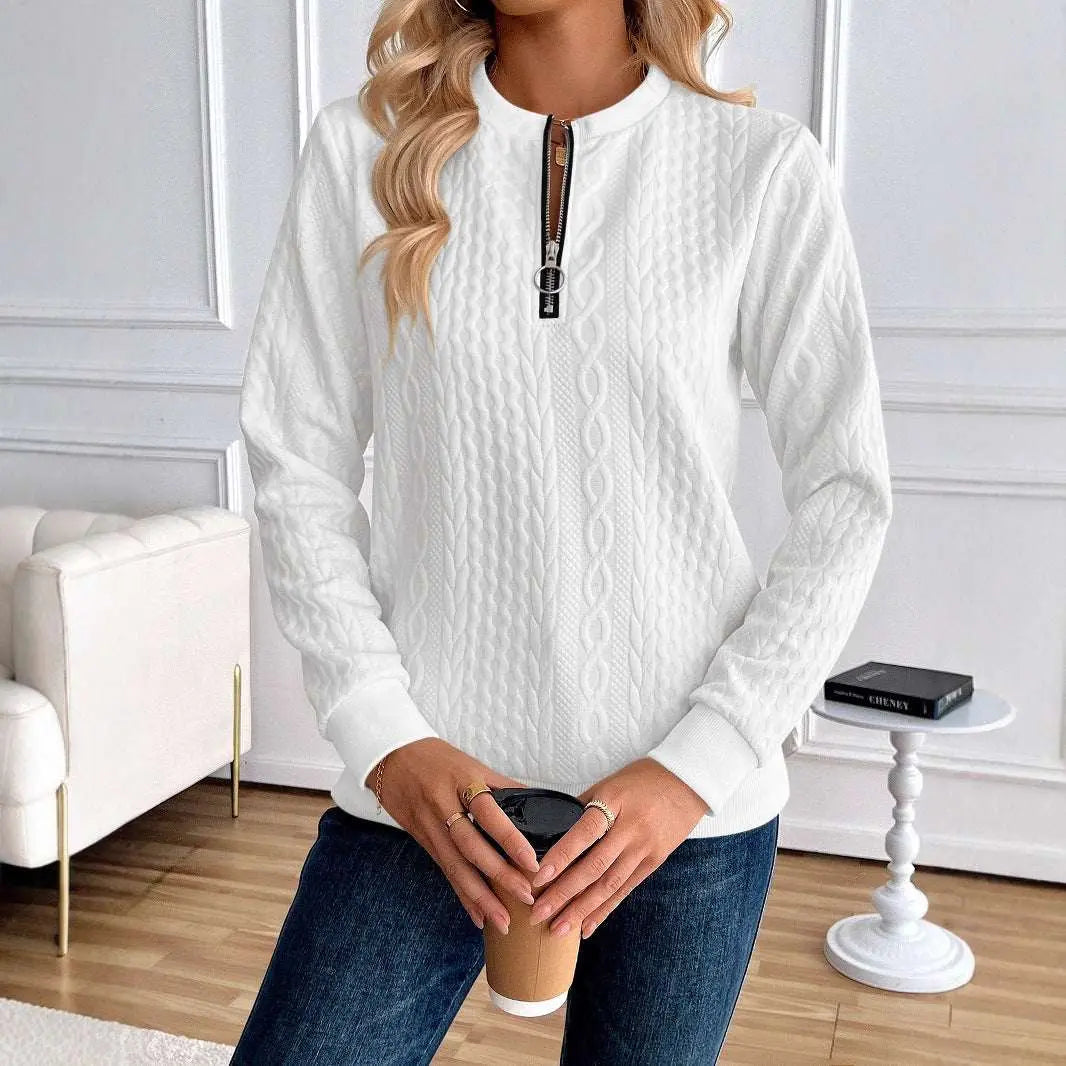 Light Gray Women's Loose Casual Pullover Half Zipper Long Sleeve Solid Color Texture Round Neck Hoodie For Women