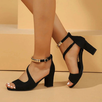 Dark Khaki Metal Buckle Roman Chunky Heel Sandals For Women