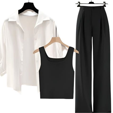 2 piece outfit Black Three pieces Suit Women’s Versatile Shirt, Vest & Wide-Leg Pants Suit – Slim Fit & Elegant Style Fashique Fusion