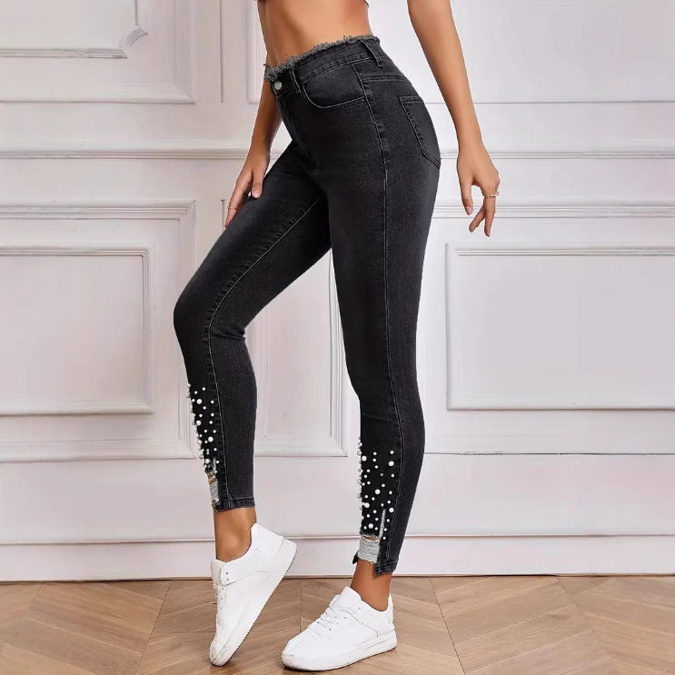 Gray Women's High Waist Stretch Denim Trousers Pearl Ripped Tassel