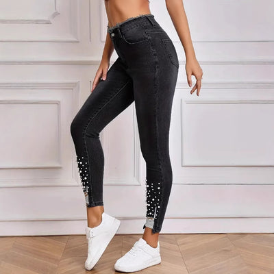 Gray Women's High Waist Stretch Denim Trousers Pearl Ripped Tassel