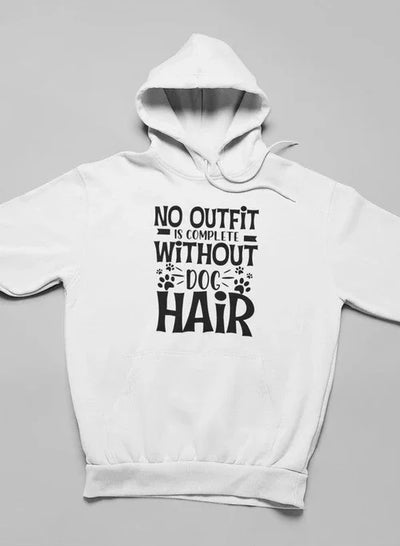 White pullover hoodie flat lay on tricolor background with 'No outfit is complete without dog hair' text
