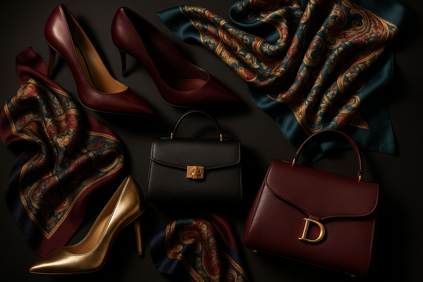 gorgeous luxury high heels, scarves and handbags on a dark background