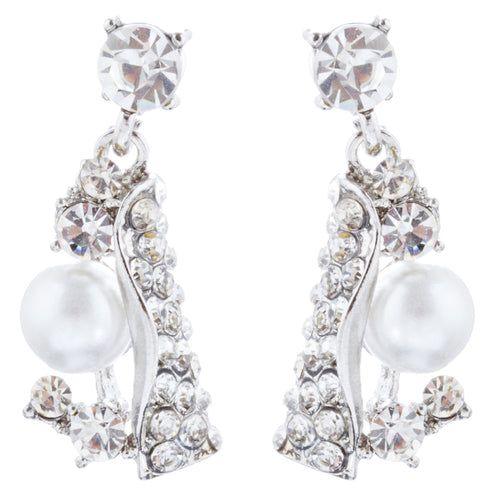 Elegant silver crystal and pearl drop earrings with rhinestone accents on white background