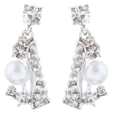 Elegant silver crystal and pearl drop earrings with rhinestone accents on white background