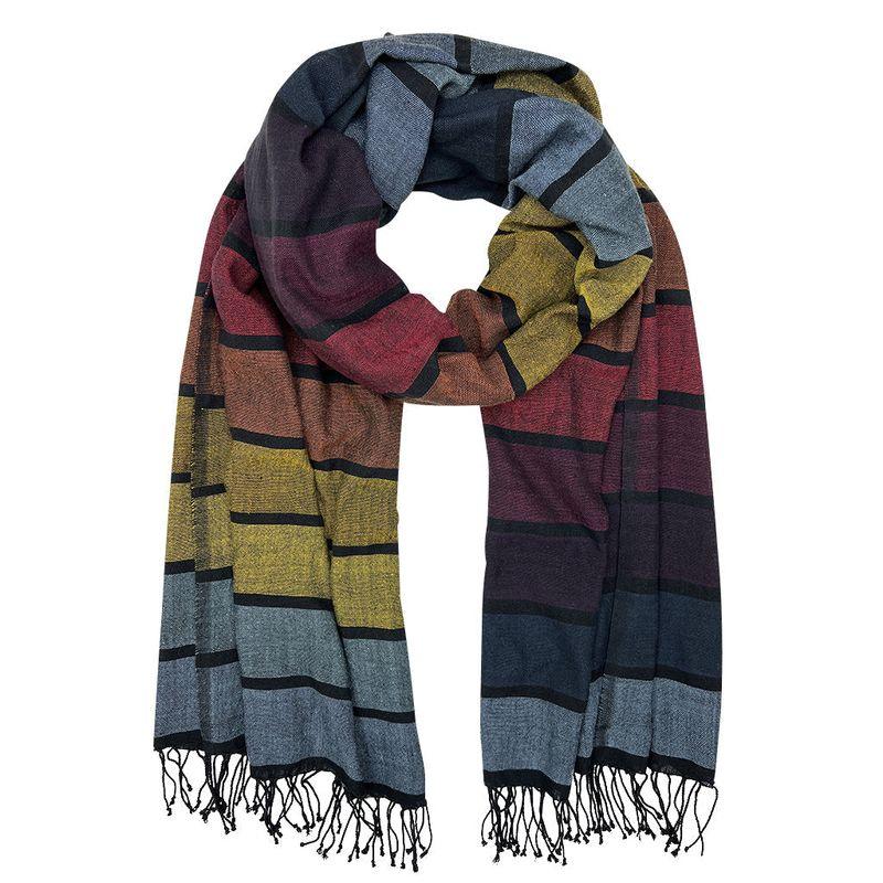 Rainbow fair trade scarf with horizontal stripes and tasseled ends on white background